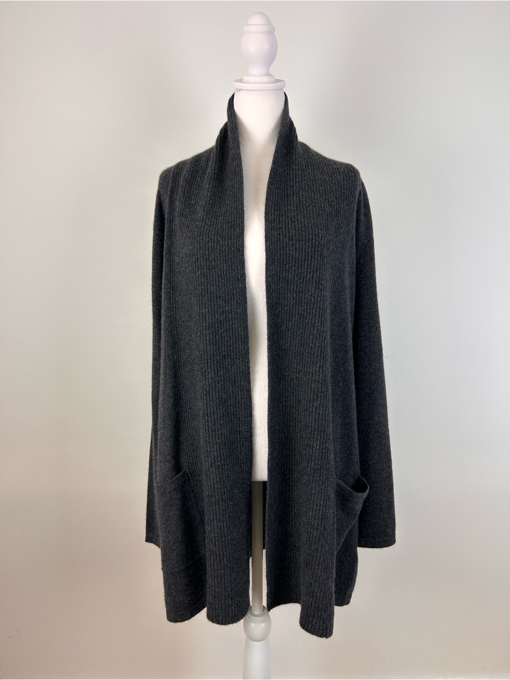 Lord & Taylor 100% Cashmere Long Open Front Cardigan Grey L